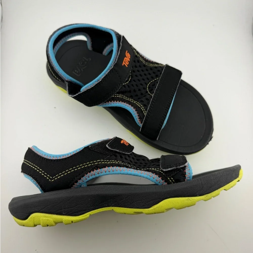 Teva Tanza Sandals Kids Size 1 Black Blue Neon Yellow Water Friendly